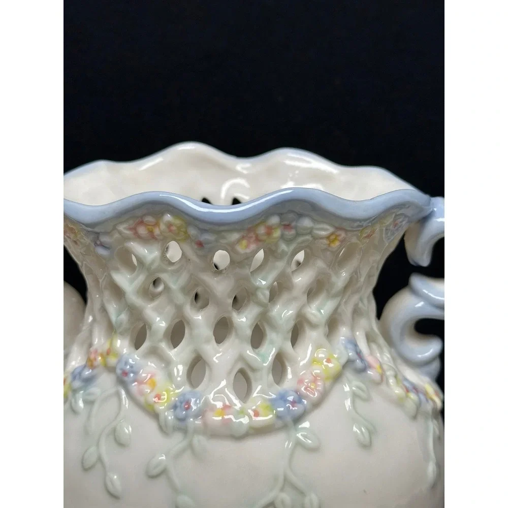 Floral Lattice Vase Cream Pastel Applied Porcelain 3D Flowers Scrolled Victorian